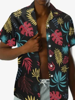 Men's Short-sleeved Casual Shirt Black Tropical Printed Hawaii Top