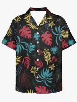 Men's Short-sleeved Casual Shirt Black Tropical Printed Hawaii Top