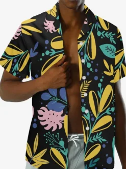 Men's Short-sleeved Hawaii Shirt Plant Printed Vacation Top