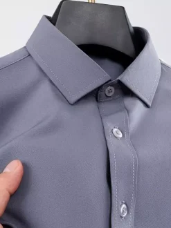 Men’s Short-Sleeved Shirts Wrinkle-Free Business Causal Ice Silk Shirts