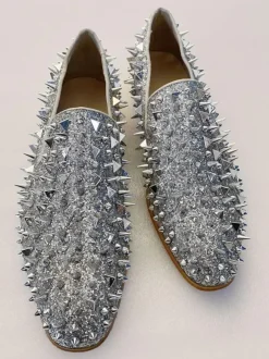 Mens Silver Spike Rivets Loafers with Prom Party Wedding Shoes