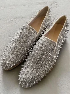 Mens Silver Spike Rivets Loafers with Prom Party Wedding Shoes