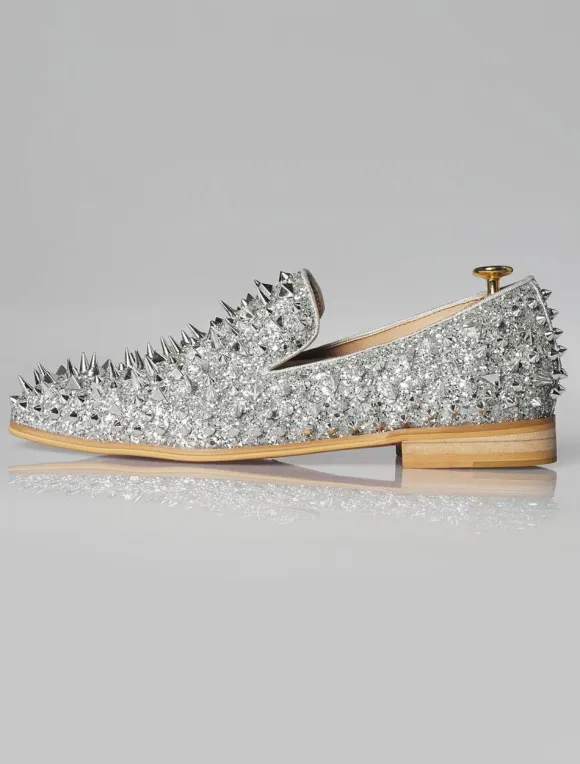 Mens Silver Spike Rivets Loafers with Prom Party Wedding Shoes
