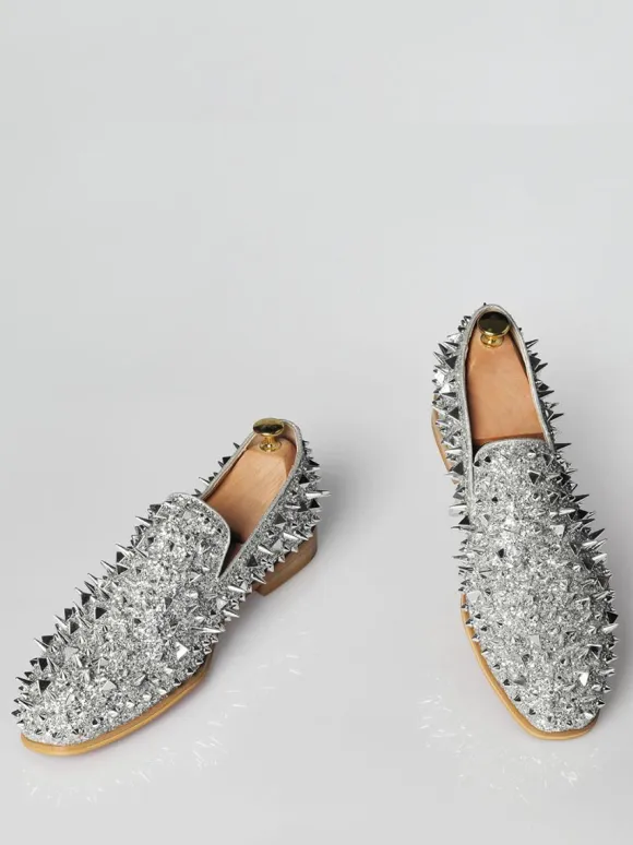Mens Silver Spike Rivets Loafers with Prom Party Wedding Shoes