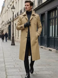 Men's Single Breasted Jackets Long Coats Camel Longline Slim Fit Coats