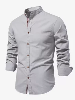 Men’s Slim Shirt Cotton and Linen Casual Single Breasted Solid Color Long-Sleeved Shirt