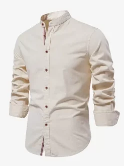 Men’s Slim Shirt Cotton and Linen Casual Single Breasted Solid Color Long-Sleeved Shirt