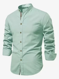 Men’s Slim Shirt Cotton and Linen Casual Single Breasted Solid Color Long-Sleeved Shirt