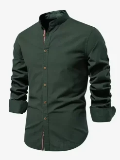 Men’s Slim Shirt Cotton and Linen Casual Single Breasted Solid Color Long-Sleeved Shirt