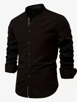 Men’s Slim Shirt Cotton and Linen Casual Single Breasted Solid Color Long-Sleeved Shirt