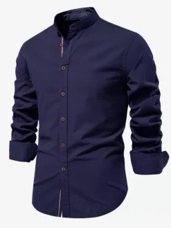 Men’s Slim Shirt Cotton and Linen Casual Single Breasted Solid Color Long-Sleeved Shirt
