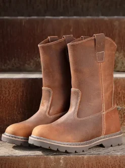 Men's Slip On Boots Cowhide Casual Coffee Brown Mid Calf Boots
