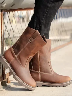 Men's Slip On Boots Cowhide Casual Coffee Brown Mid Calf Boots