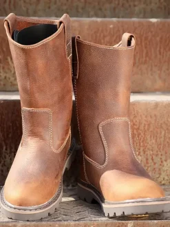 Men's Slip On Boots Cowhide Casual Coffee Brown Mid Calf Boots