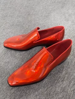Mens Slip On Loafer Prom Party Wedding Shoes Square Toe Red Shinny Leather Oxford