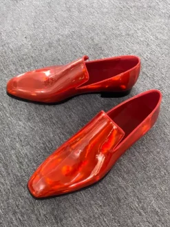Mens Slip On Loafer Prom Party Wedding Shoes Square Toe Red Shinny Leather Oxford