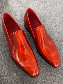 Mens Slip On Loafer Prom Party Wedding Shoes Square Toe Red Shinny Leather Oxford