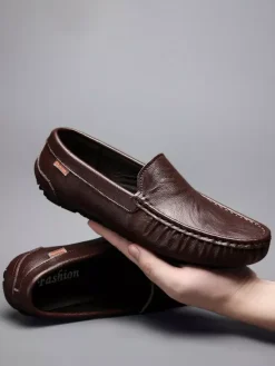 Mens Slip On Loafer Round Toe Faux Leather Deck Shoes Lightweight Slip Resistant Flexible Flats Shoes