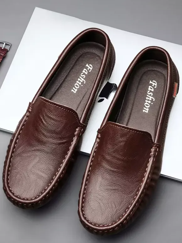 Mens Slip On Loafer Round Toe Faux Leather Deck Shoes Lightweight Slip Resistant Flexible Flats Shoes