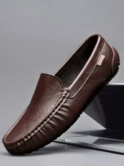 Mens Slip On Loafer Round Toe Faux Leather Deck Shoes Lightweight Slip Resistant Flexible Flats Shoes