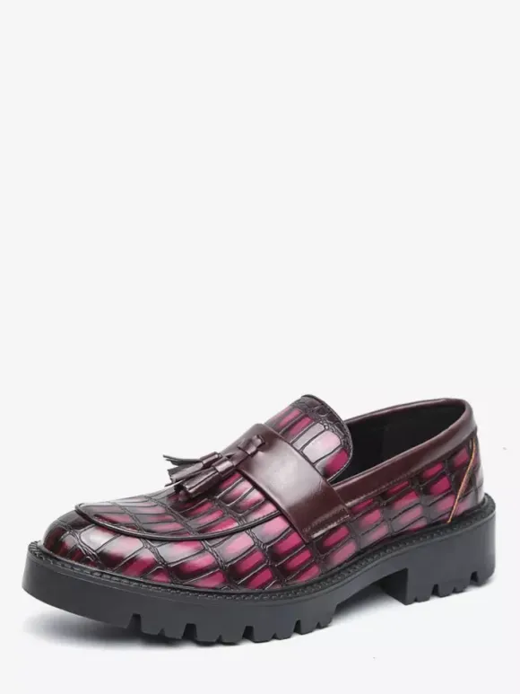 Men's Slip On Loafers Round Toe Stone Pattern Slip On Shoes With Tassels