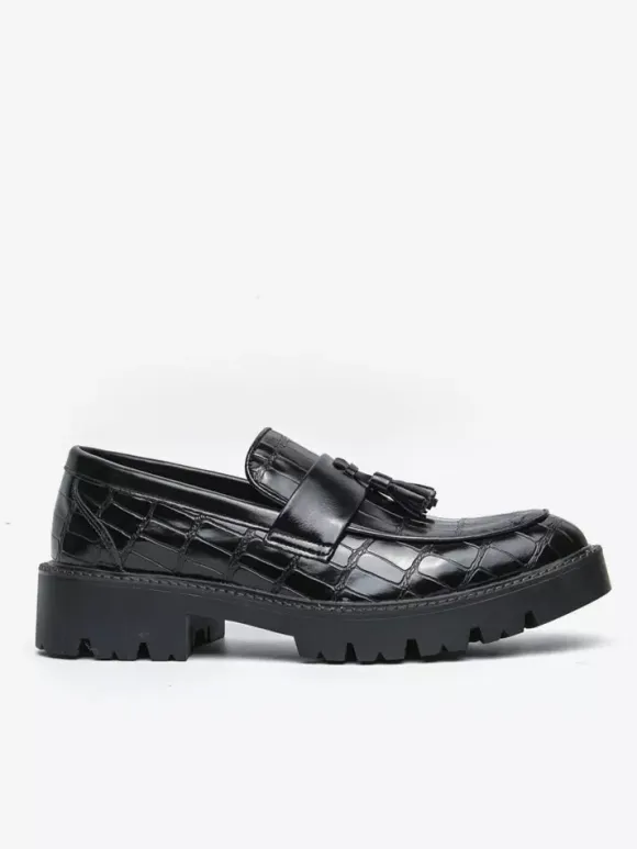 Men's Slip On Loafers Round Toe Stone Pattern Slip On Shoes With Tassels