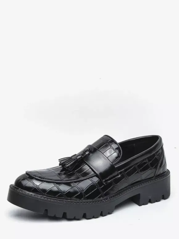 Men's Slip On Loafers Round Toe Stone Pattern Slip On Shoes With Tassels