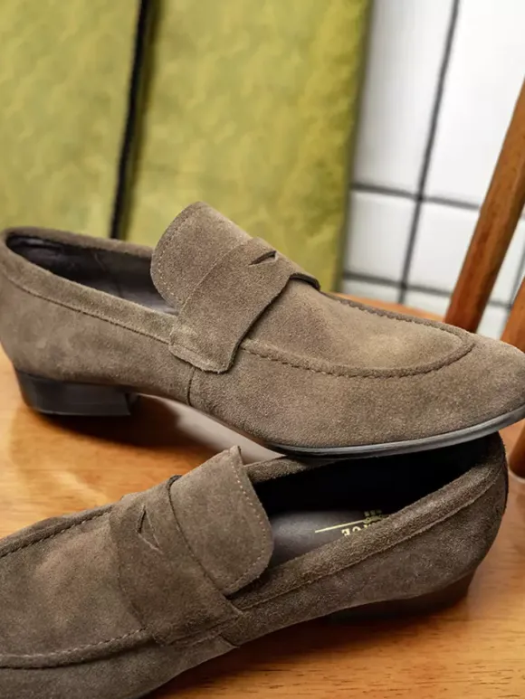 Men's Slip On Loafers Suede Lether Round Toe Casual Penny Loafers