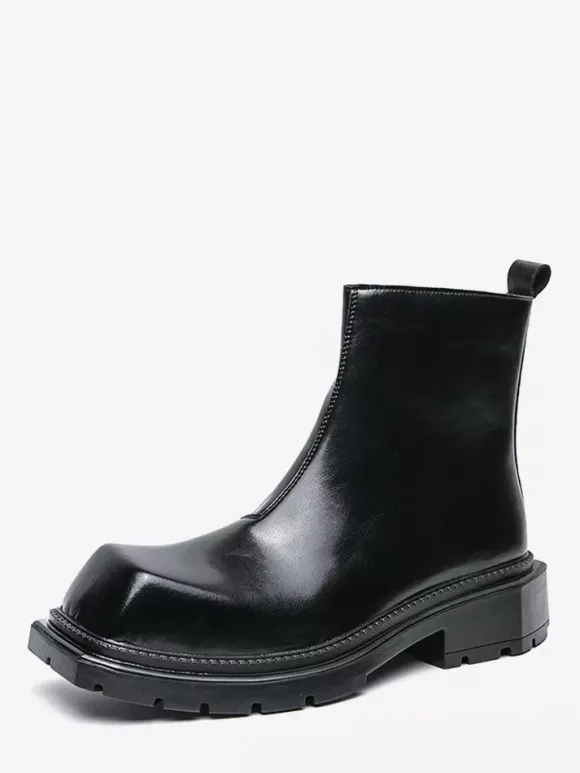Mens Square Toe Ankle Boots Slip Resistant Platform Sole Rugged Outdoor Winter Short Booties