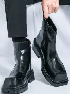 Mens Square Toe Ankle Boots Slip Resistant Platform Sole Rugged Outdoor Winter Short Booties