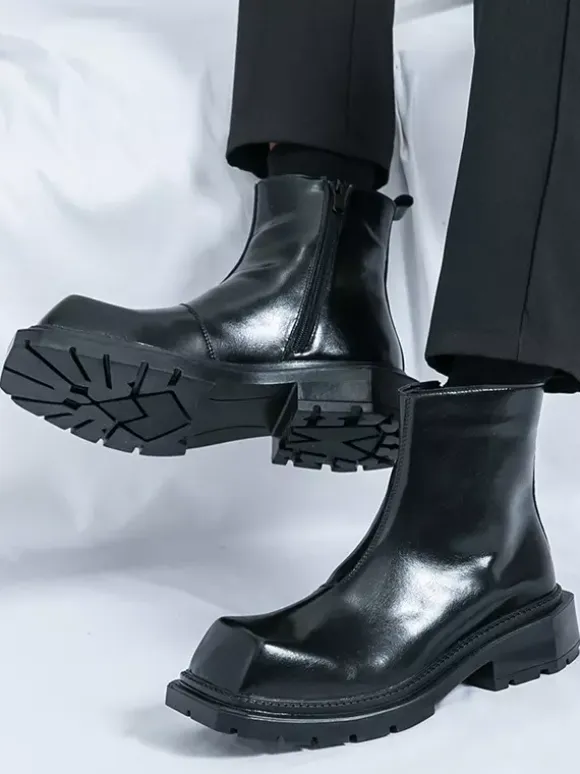 Mens Square Toe Ankle Boots Slip Resistant Platform Sole Rugged Outdoor Winter Short Booties