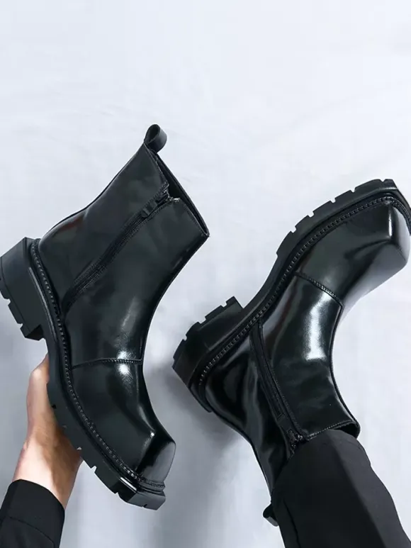 Mens Square Toe Ankle Boots Slip Resistant Platform Sole Rugged Outdoor Winter Short Booties