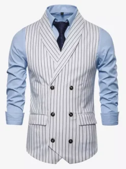 Men's Striped Double-Breasted Vest Business Sleeveless Suit Jacket