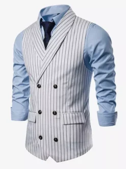 Men's Striped Double-Breasted Vest Business Sleeveless Suit Jacket