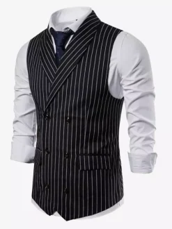 Men's Striped Double-Breasted Vest Business Sleeveless Suit Jacket
