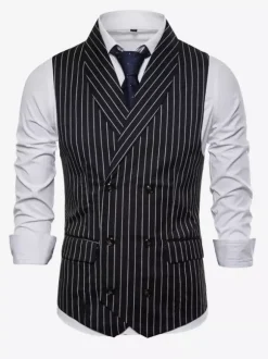 Men's Striped Double-Breasted Vest Business Sleeveless Suit Jacket