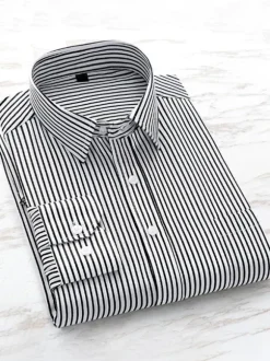 Men's Striped Dress Shirts with Pocket Long Sleeves Grey