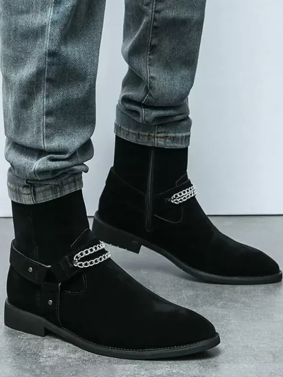 Men's Suede Ankle Boots with Chain Retro Style Casual Fashion Short Boots