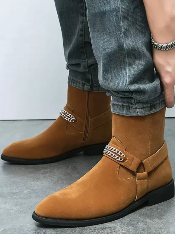 Men's Suede Ankle Boots with Chain Retro Style Casual Fashion Short Boots
