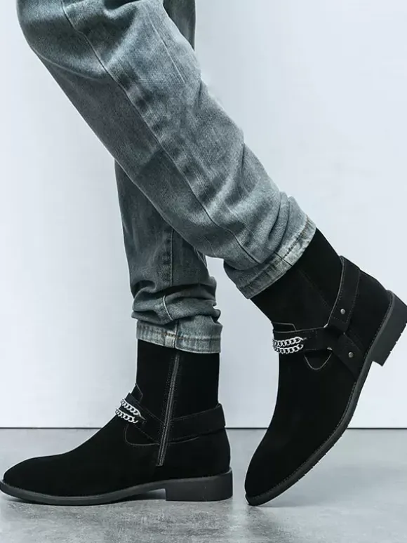 Men's Suede Ankle Boots with Chain Retro Style Casual Fashion Short Boots