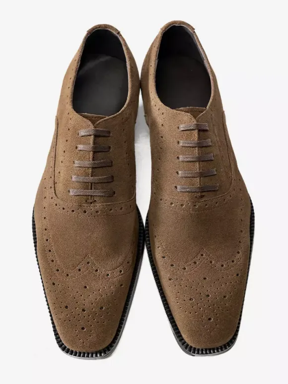 Men's Suede Oxford Shoes Round Toe Lace Up Brogue Dress Shoes