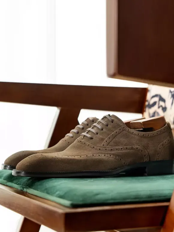 Men's Suede Oxford Shoes Round Toe Lace Up Brogue Dress Shoes