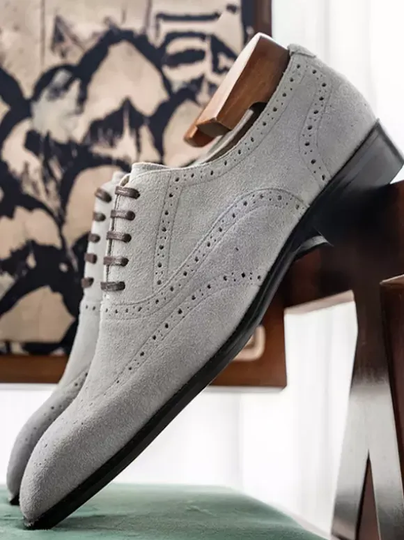 Men's Suede Oxford Shoes Round Toe Lace Up Brogue Dress Shoes