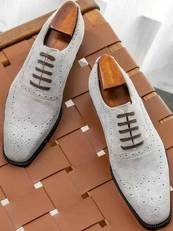 Men's Suede Oxford Shoes Round Toe Lace Up Brogue Dress Shoes