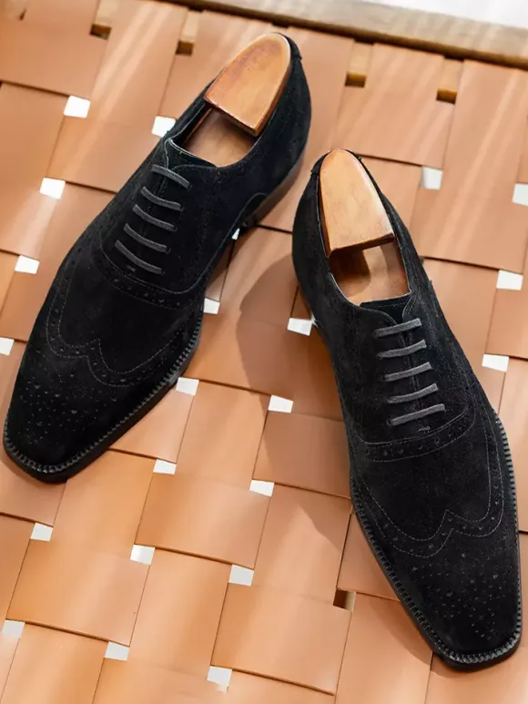 Men's Suede Oxford Shoes Round Toe Lace Up Brogue Dress Shoes