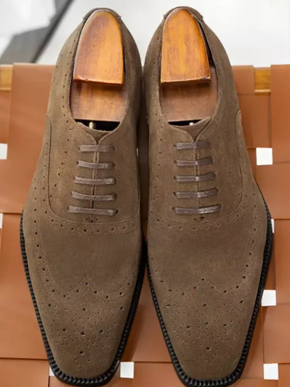 Men's Suede Oxford Shoes Round Toe Lace Up Brogue Dress Shoes