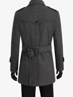 Men's Suit Coat Double Breasted Belted Notched Lapel Collar Gray Woolen Coat