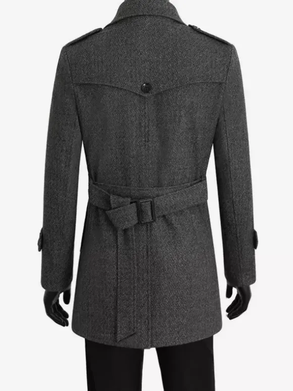 Men's Suit Coat Double Breasted Belted Notched Lapel Collar Gray Woolen Coat
