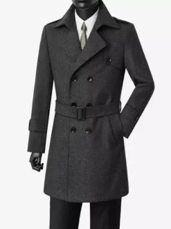 Men's Suit Coat Double Breasted Belted Notched Lapel Collar Gray Woolen Coat