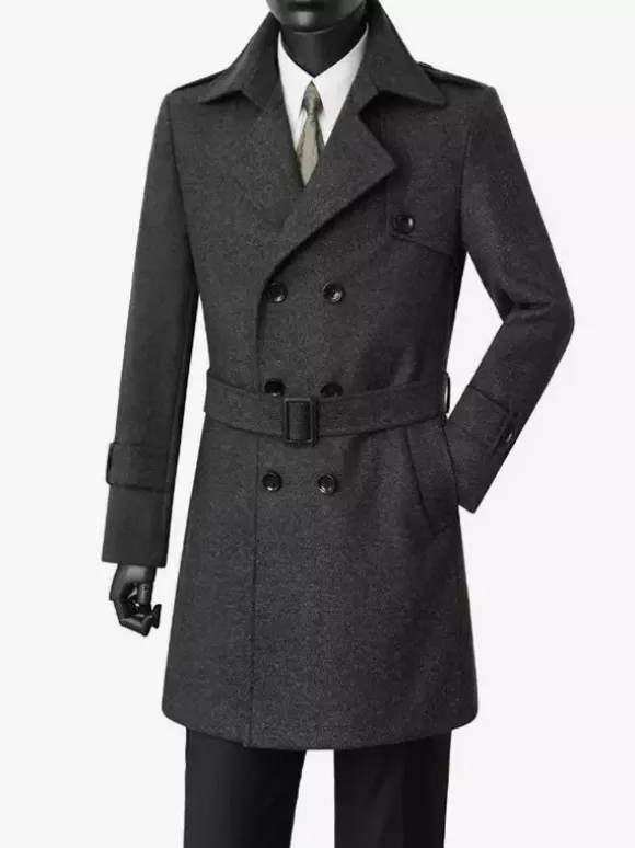 Men's Suit Coat Double Breasted Belted Notched Lapel Collar Gray Woolen Coat